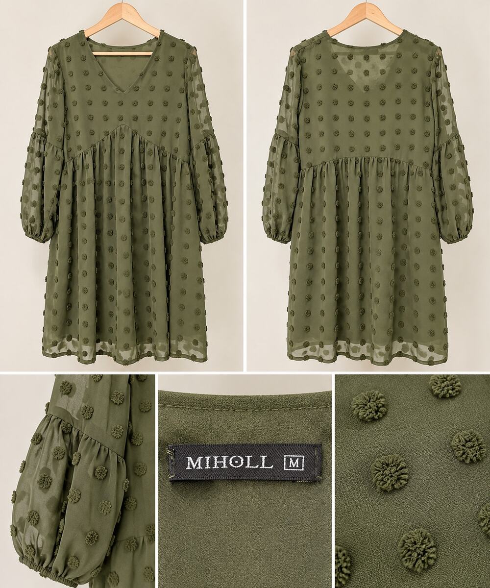 MIHOLL Olive Green Swiss Dot Chiffon Babydoll Dress – Women’s Medium